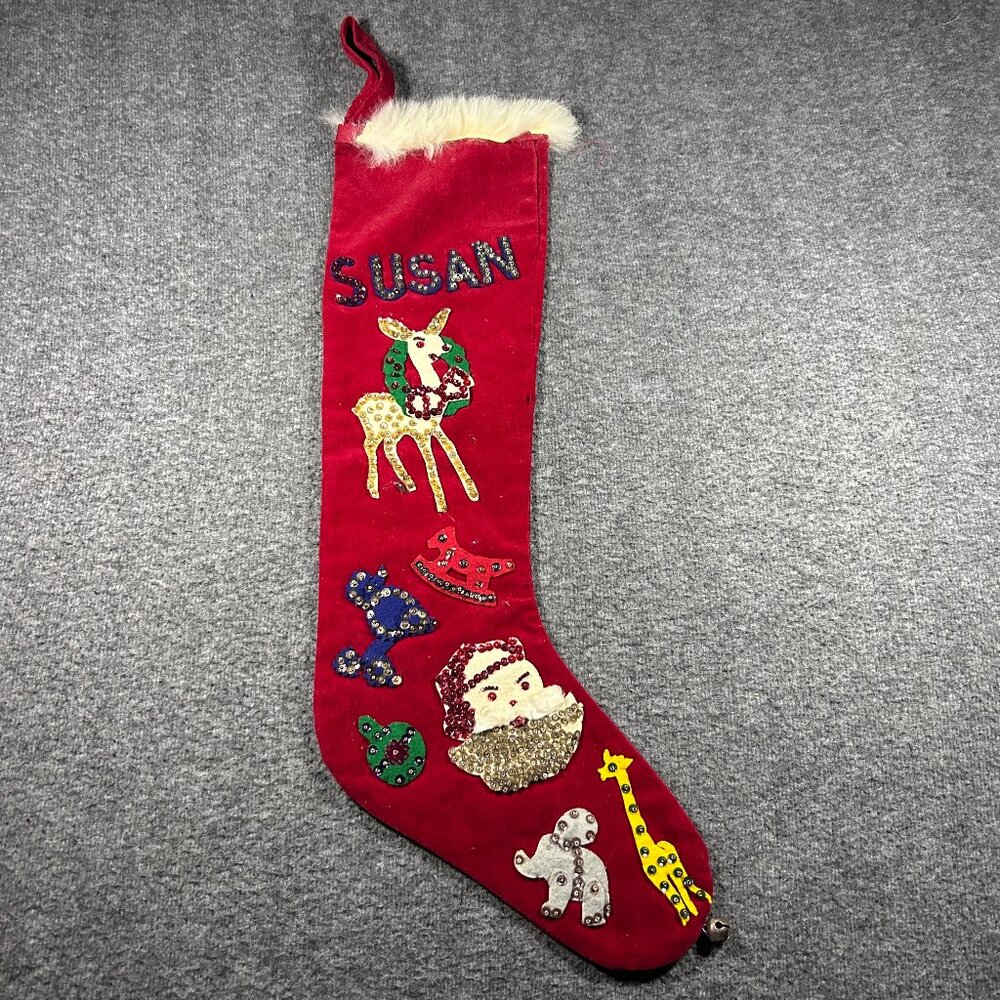 Vtg Felt Christmas Stocking Handmade 50’s Sequins Beads MCM Angel Santa Tree